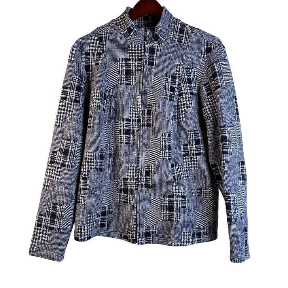 Coldwater Creek W18 Black White Patchwork Houndstooth Full Zip Knit Jacket